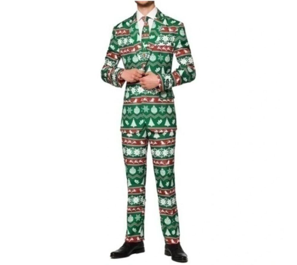 Suitmeister Men's Suits Christmas Green Nordic Print  Size S  Novelty Party